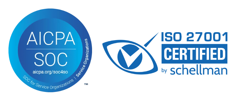 AICPA SOC and ISO 27001 Certified by Schellman logos, highlighting compliance with security standards for observability and telemetry pipelines in platforms like Chronosphere.